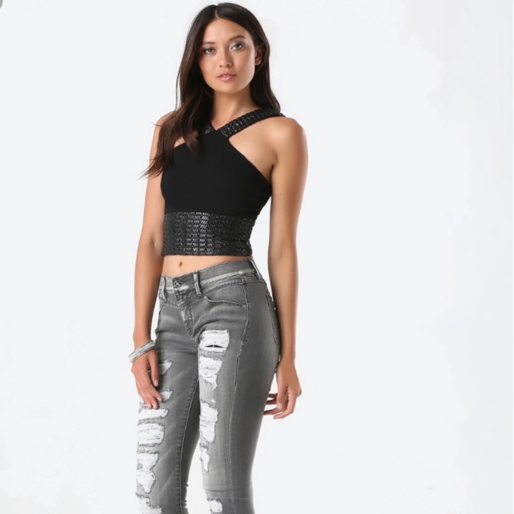 Bebe Faux Leather Trim Crop Top in Black